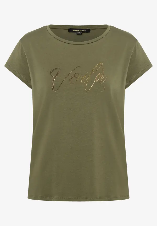 More & More T-Shirt mit Strass-Schriftzug, oliv Begrenztes Angebot