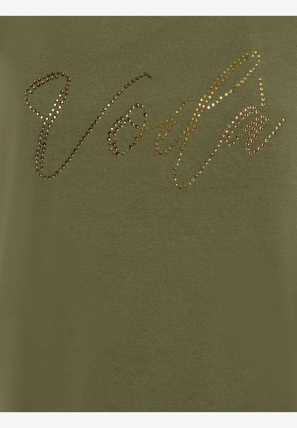 More & More T-Shirt mit Strass-Schriftzug, oliv Begrenztes Angebot