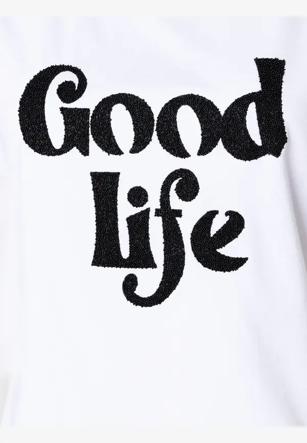 More & More T-Shirt mit Steinchen-Schriftzug, weiß, Sommer-Kollektion Outlet