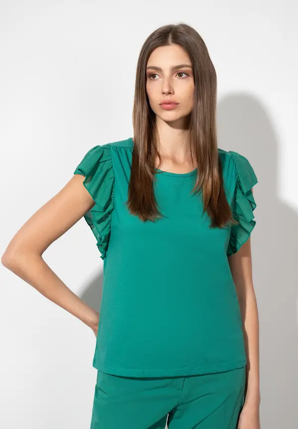 More & More Shirt mit Volantärmeln, summergarden green, Sommer-Kollektion Online Outlet
