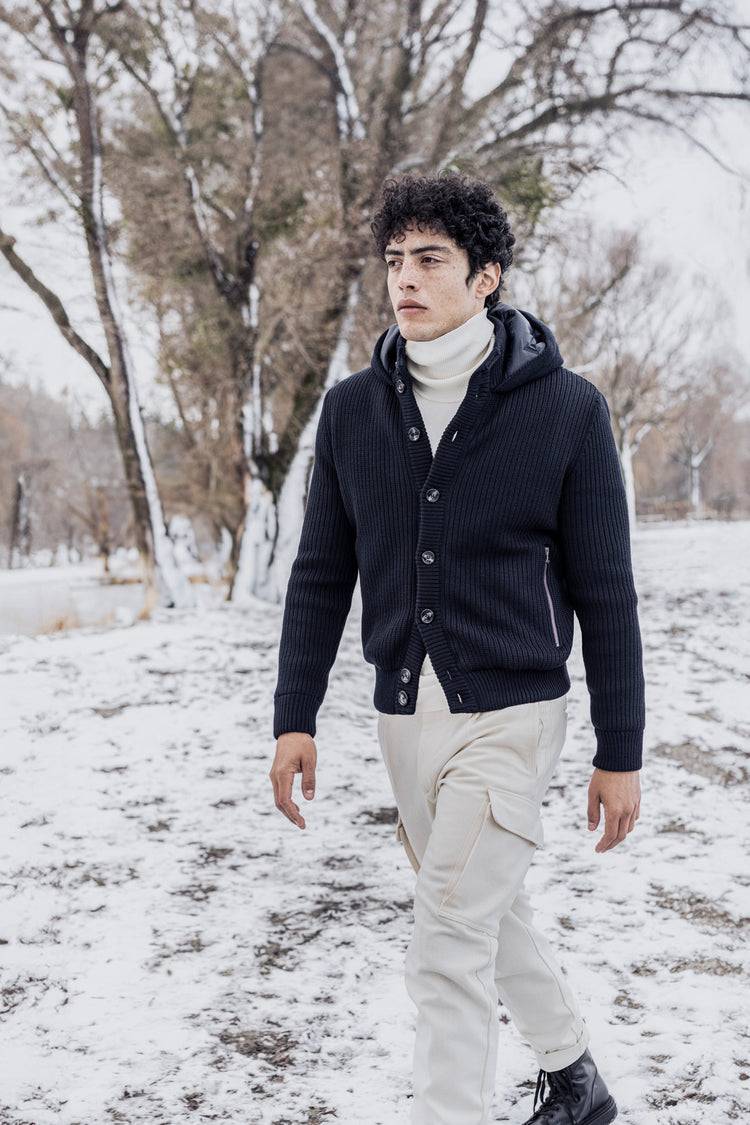 Phil Petter Hybrid-Kapuzenknopfjacke aus Merinowolle und Nylon-Stepp Günstiger Verkauf
