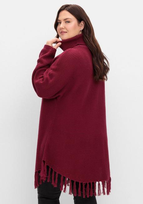 sheego Gerippter Poncho-Pullover mit Fransensaum - beere sheego Neuheiten