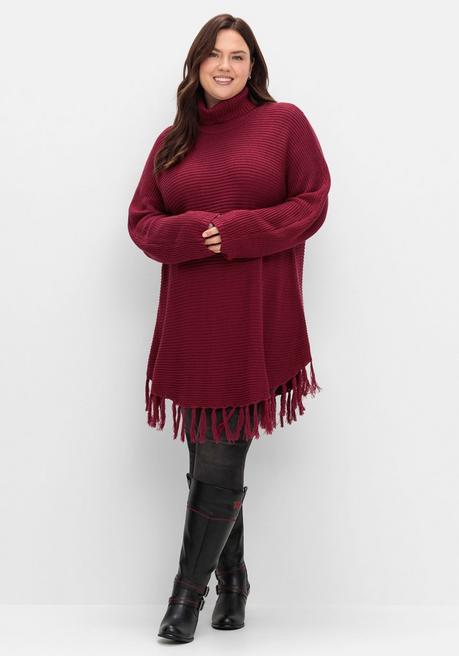 sheego Gerippter Poncho-Pullover mit Fransensaum - beere sheego Neuheiten