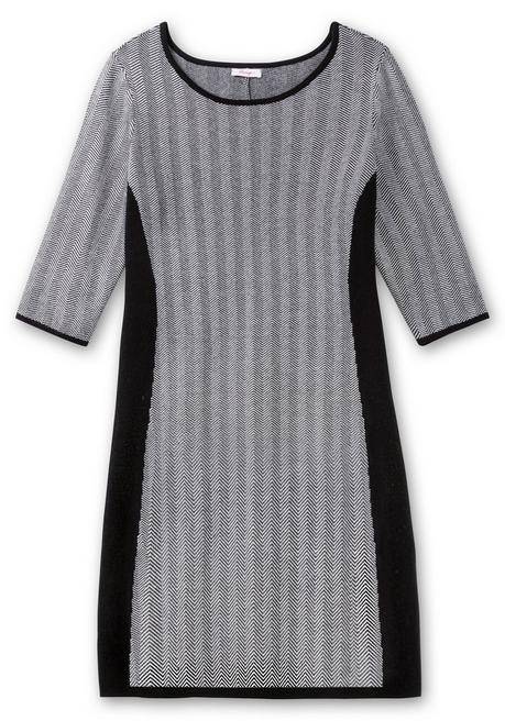 sheego Strickkleid im Fischgrätmuster, mit Kontrastdetails - schwarz-weiß sheego Tiefpreis