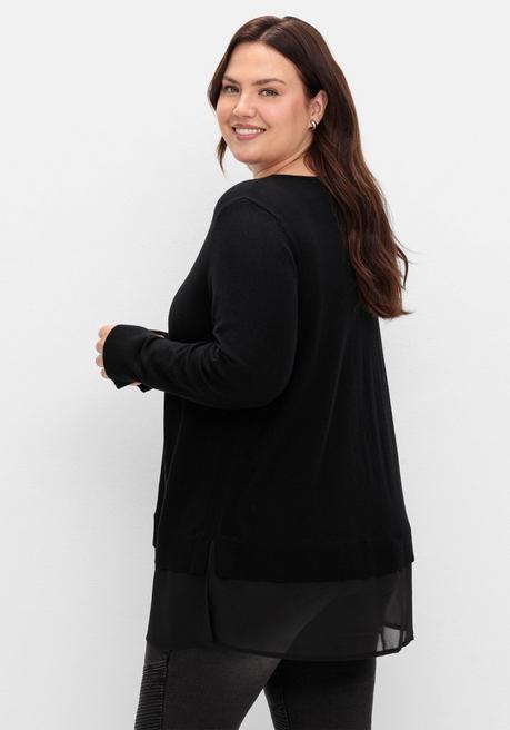 sheego Pullover in A-Linie, mit Chiffonbesatz am Saum - schwarz sheego Bis zu 50% Rabatt