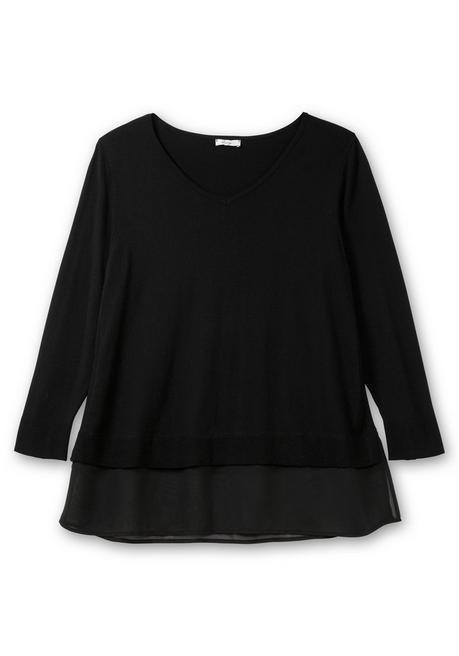 sheego Pullover in A-Linie, mit Chiffonbesatz am Saum - schwarz sheego Bis zu 50% Rabatt