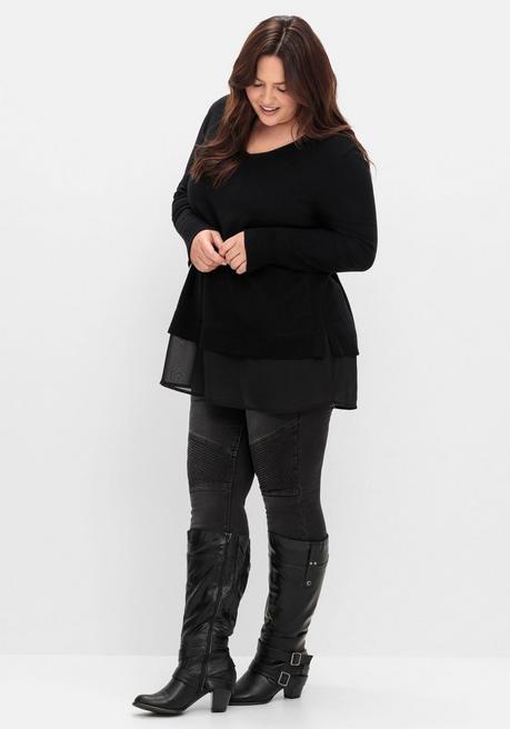 sheego Pullover in A-Linie, mit Chiffonbesatz am Saum - schwarz sheego Bis zu 50% Rabatt