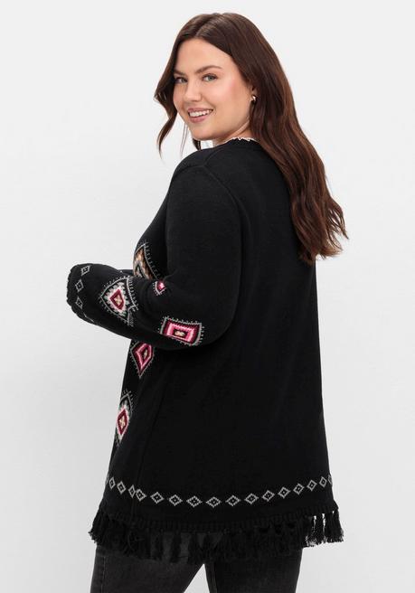 sheego Pullover mit Ethnomuster und Fransen - schwarz gemustert sheego Bis zu 60% Rabatt