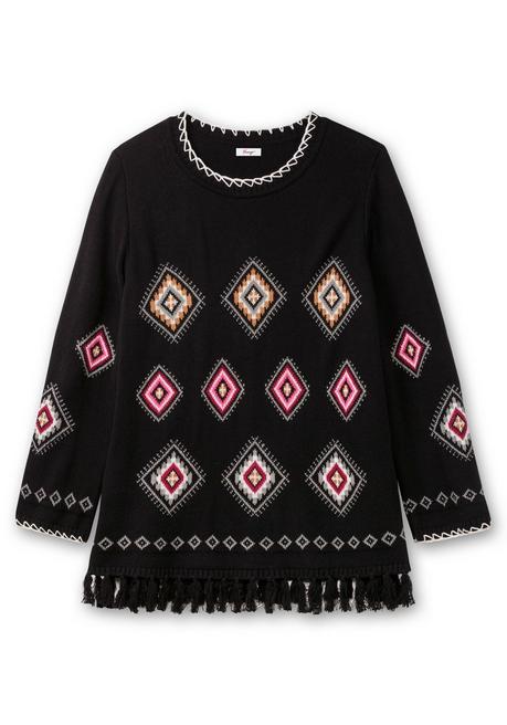 sheego Pullover mit Ethnomuster und Fransen - schwarz gemustert sheego Bis zu 60% Rabatt