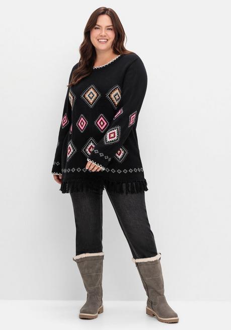 sheego Pullover mit Ethnomuster und Fransen - schwarz gemustert sheego Bis zu 60% Rabatt