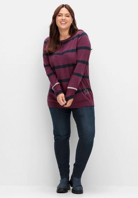 sheego Gestreifter Pullover mit Stern-Stickerei, aus Baumwolle - brombeer gestreift sheego Riesige Rabatte