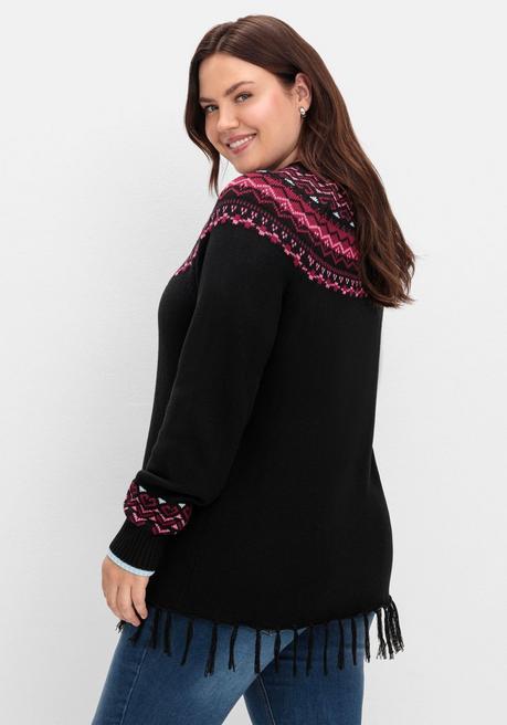 sheego Norwegerpullover mit Fransen am Saum - schwarz gemustert sheego Weihnachtsangebot