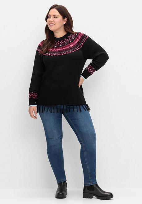 sheego Norwegerpullover mit Fransen am Saum - schwarz gemustert sheego Weihnachtsangebot