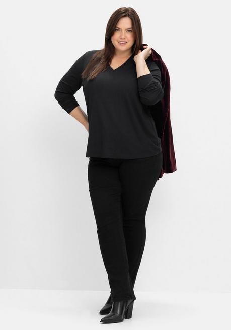 sheego Langarmshirt mit V-Ausschnitt, vorn doppellagig - schwarz sheego Valentinstagsangebot