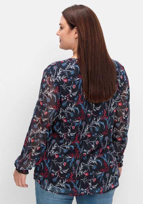 sheego Chiffontunika mit Blumendruck und Bindeband - tiefblau gemustert sheego Große Rabatte