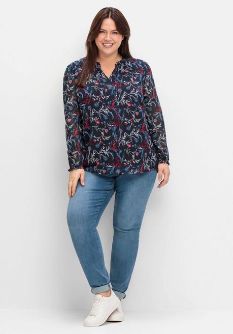 sheego Chiffontunika mit Blumendruck und Bindeband - tiefblau gemustert sheego Große Rabatte