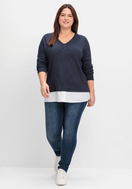 sheego Pullover im Lagenlook, mit Blusenbesatz - tiefblau meliert sheego Zeitbegrenzte Promotion