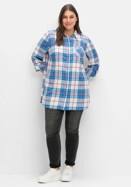 sheego Karierte Longbluse mit Krempelfunktion - offwhite kariert sheego 50% Rabatt mit kostenlosem Versand
