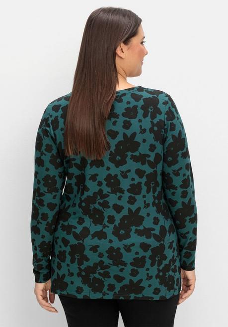 sheego Langarmshirt mit Blumendruck und V-Ausschnitt - tiefgrün gemustert sheego Begrenzt auf 3 Tage