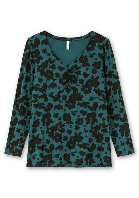 sheego Langarmshirt mit Blumendruck und V-Ausschnitt - tiefgrün gemustert sheego Begrenzt auf 3 Tage