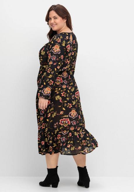 sheego by Joe Browns Midikleid mit Blumendruck und Volant am Saum - schwarz gemustert sheego zollfrei