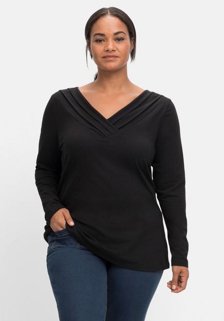 sheego by Joe Browns Langarmshirt mit Zierfalten am V-Ausschnitt, A-Linie - schwarz sheego Große Rabatte