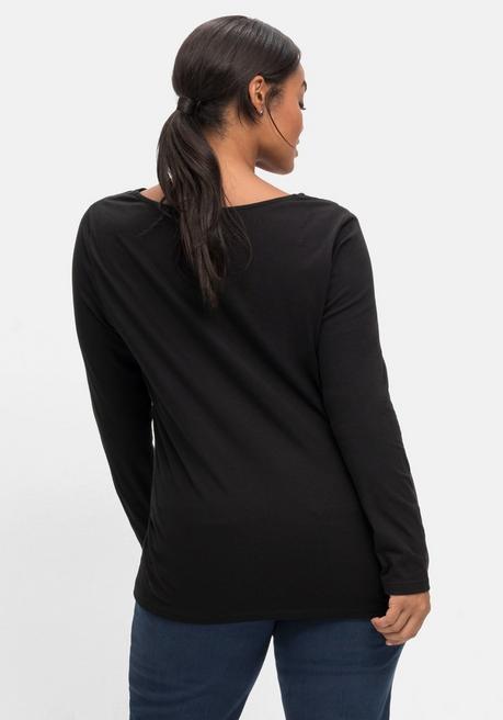 sheego by Joe Browns Langarmshirt mit Zierfalten am V-Ausschnitt, A-Linie - schwarz sheego Große Rabatte
