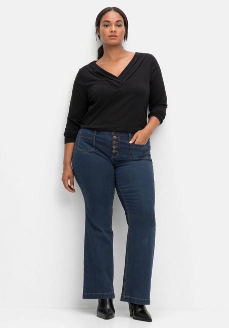 sheego by Joe Browns Langarmshirt mit Zierfalten am V-Ausschnitt, A-Linie - schwarz sheego Große Rabatte