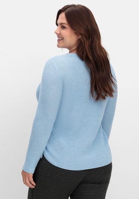 sheego Strickpullover mit Rippmuster und Raffung seitlich - eisblau sheego Osterangebot