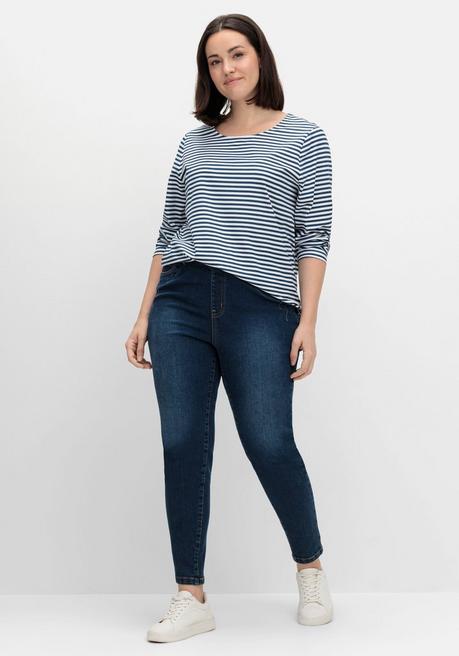 sheego Gestreiftes Langarmshirt mit Rundhalsausschnitt - marine gestreift sheego Saisonale Angebote
