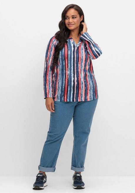 sheego Streifenshirt im Batik-Look, mit Krempelärmeln - marine gemustert sheego Begrenzte Freigabe