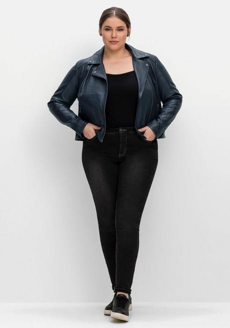sheego Kurze Lederjacke aus Lammnappa, im Biker-Stil - nachtblau sheego Im Verkauf