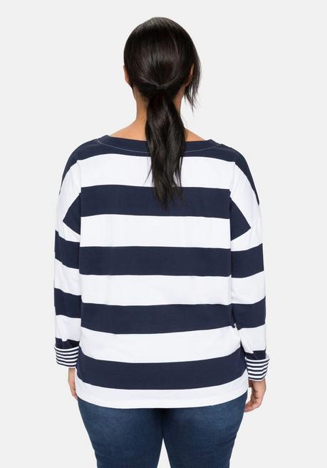 sheego Langarmshirt mit Blockstreifen und U-Boot-Ausschnitt - marine sheego Auslauf