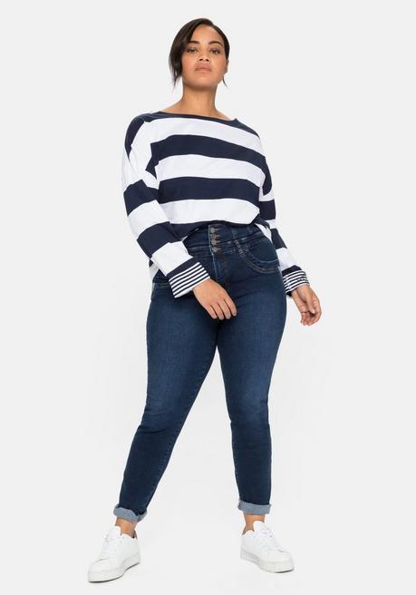 sheego Langarmshirt mit Blockstreifen und U-Boot-Ausschnitt - marine sheego Auslauf
