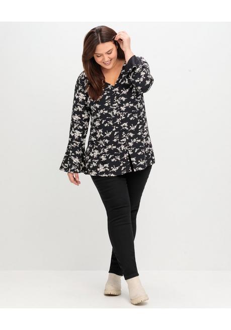 sheego by Joe Browns Langarmshirt mit Biesen und Volantärmeln - schwarz gemustert sheego Günstiger Verkauf