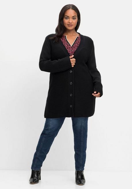 sheego Longstrickjacke im Strukturmix, mit V-Ausschnitt - schwarz sheego Fabrikverkauf
