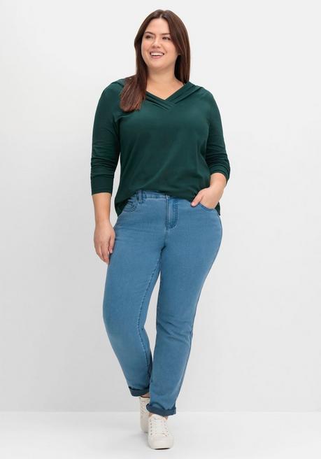 sheego by Joe Browns Langarmshirt mit Zierfalten am V-Ausschnitt, A-Linie - tiefgrün sheego Versandkostenfrei