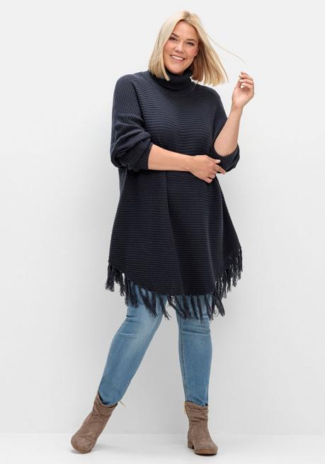 sheego Gerippter Poncho-Pullover mit Fransensaum - nachtblau sheego Vatertagsangebot