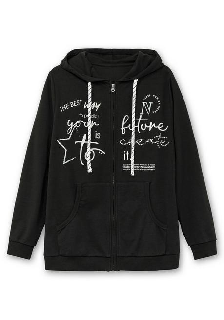 sheego Kapuzensweatjacke mit Print und Kängurutasche - schwarz sheego Fabrikverkauf