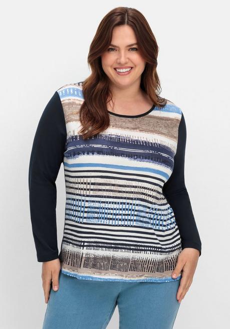 sheego Langarmshirt mit bedrucktem Vorderteil - marine gestreift sheego Meist gekauft