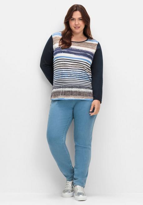 sheego Langarmshirt mit bedrucktem Vorderteil - marine gestreift sheego Meist gekauft