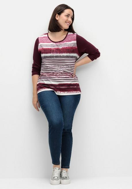 sheego Langarmshirt mit bedrucktem Vorderteil - aubergine gestreift sheego Blitzverkäufe