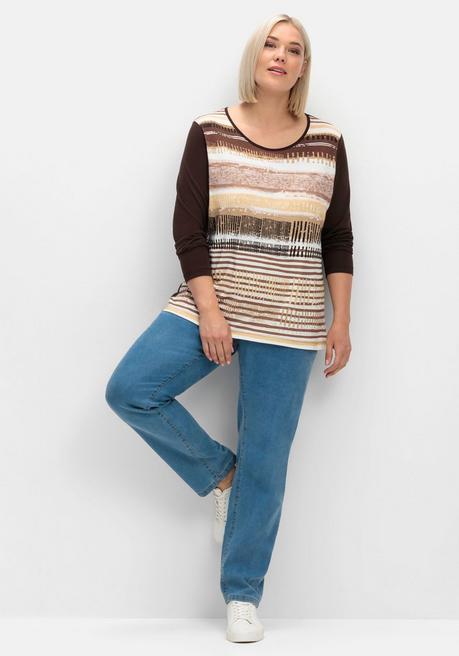 sheego Langarmshirt mit bedrucktem Vorderteil - hellbraun gestreift sheego Kostenloser Versand