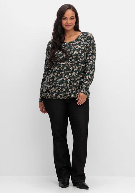 sheego Langarmshirt mit Blümchenprint und Gummizugsaum - tiefgrün gemustert sheego Blitzangebot