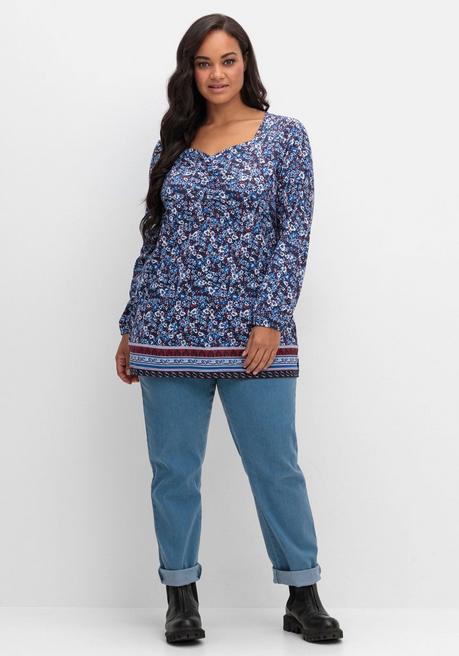 sheego Langarmshirt mit Alloverprint und Herz-Ausschnitt - marine gemustert sheego Große Rabatte