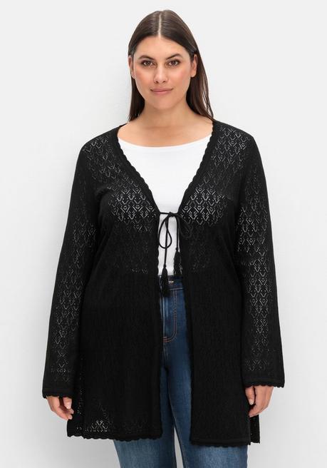 sheego Lange Ajour-Strickjacke mit Bindeband - schwarz sheego Speichern exportieren