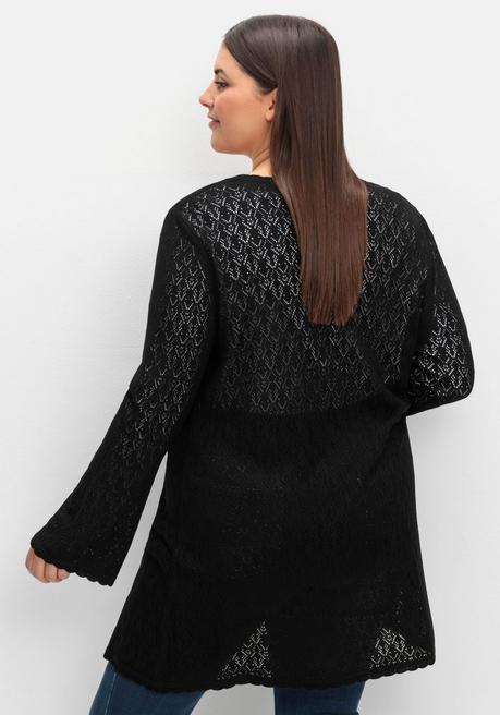 sheego Lange Ajour-Strickjacke mit Bindeband - schwarz sheego Speichern exportieren
