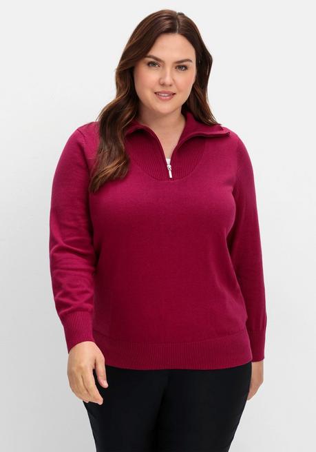 sheego Pullover mit Troyerkragen und Reißverschluss - weinrot sheego Fabrikpreis