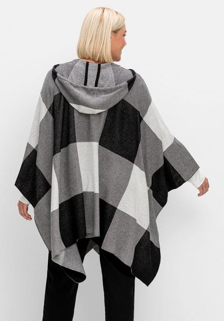 sheego Kariertes Poncho-Cape mit Kapuze, offene Form - schwarz-weiß sheego Jubiläumsangebot