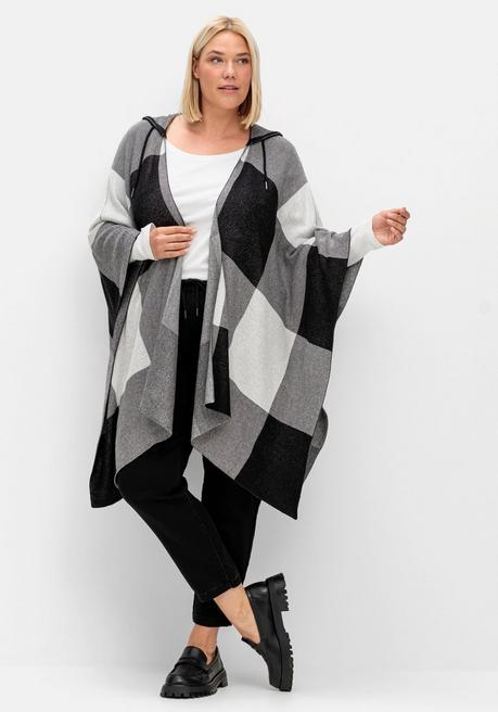 sheego Kariertes Poncho-Cape mit Kapuze, offene Form - schwarz-weiß sheego Jubiläumsangebot
